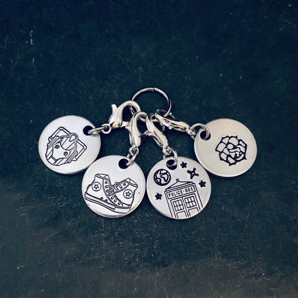 Hand stamped Doc Who inspired stitch marker set