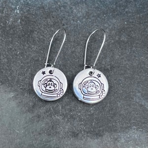 Astronaut Monkey face hand stamped earrings
