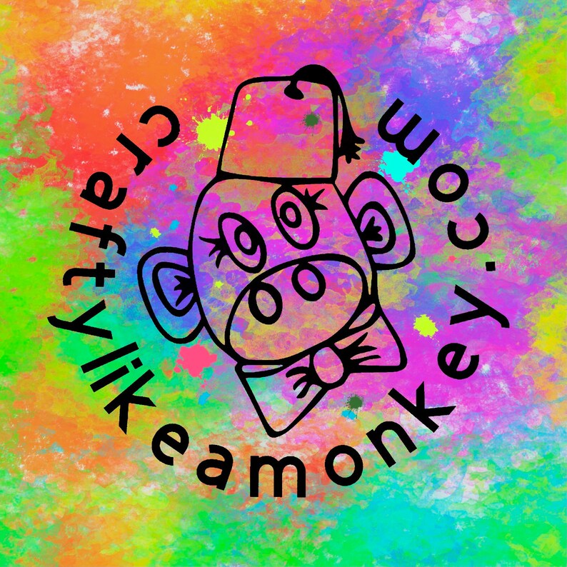 May include: A colorful, abstract background with a black and white illustration of a monkey wearing a fez hat and a bow tie. The text "crafty like a monkey.com" is written around the monkey.