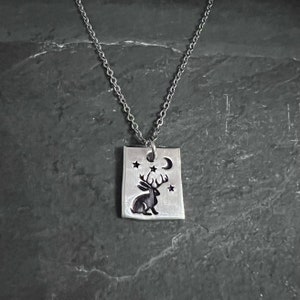 Micro jackalope by moonlight hand stamped necklace
