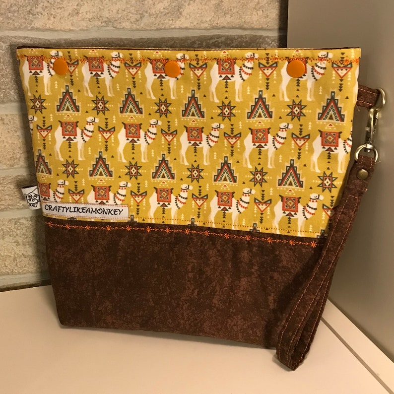 ready to ship Camel snap top knitting project bag with flat bottom