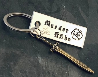 DM inspired “Murder Hobo” hand stamped keychain with a choice of sword or ax charm