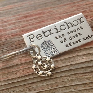 Dr Who inspired petrichor hand stamped keychain