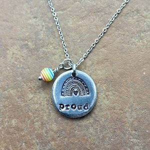 Rainbow pride hand stamped necklace with choice of bead