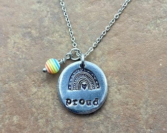 Rainbow pride hand stamped necklace with choice of bead