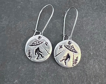 Alien abduction of Sasquatch hand stamped earrings