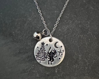 Micro Krampus under the crescent moon with a tiny bell charm hand stamped necklace