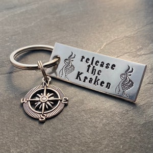 Hand stamped "release the Kraken" inspired keychain with choice of charm