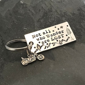 Hand stamped &quot;Not all who wander are lost” keychain with choice of compass or motorcycle charm