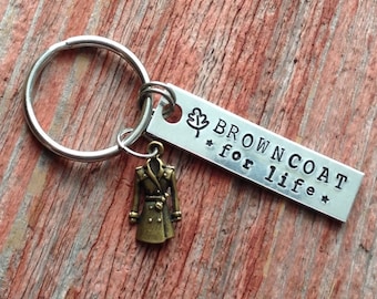 Hand stamped "Browncoat for life" Firefly inspired keychain with coat charm