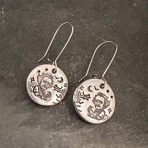Edgar Allen Poe hand stamped earrings
