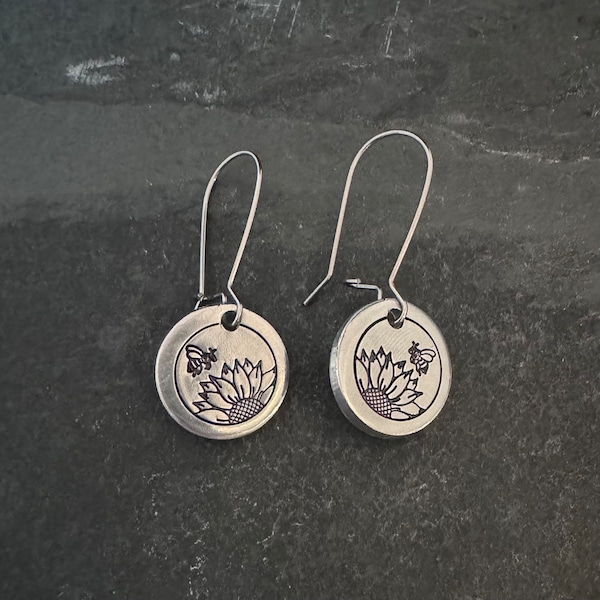 Sunflower and bee hand stamped earrings