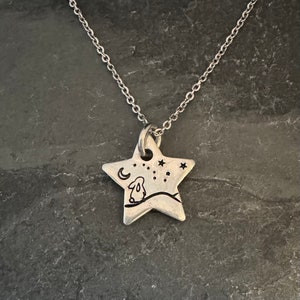 Micro Bunny  under crescent moon hand stamped star necklace