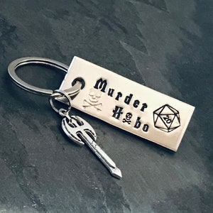 DM inspired Murder Hobo hand stamped keychain with a choice of sword or ax charm Ax charm