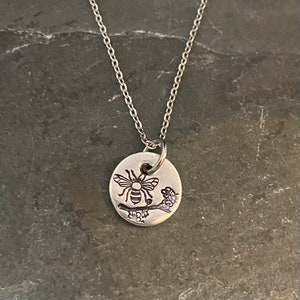 Micro bee hand stamped necklace