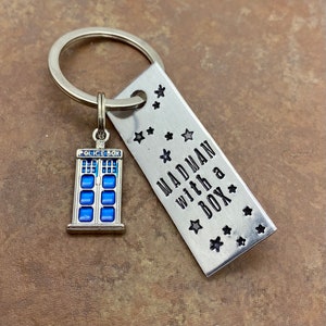 Hand stamped "Madman with a box" Doctor Who inspired keychain with choice of Tardis charm