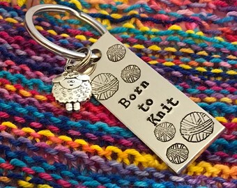 Hand stamped keychain, “Born to Knit” with double sided sheep charm