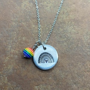 Rainbow hand stamped necklace with choice of bead
