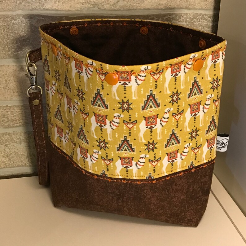 ready to ship Camel snap top knitting project bag with flat bottom