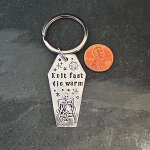 Hand stamped Knit fast, Die Warm skeleton, keychain image 2