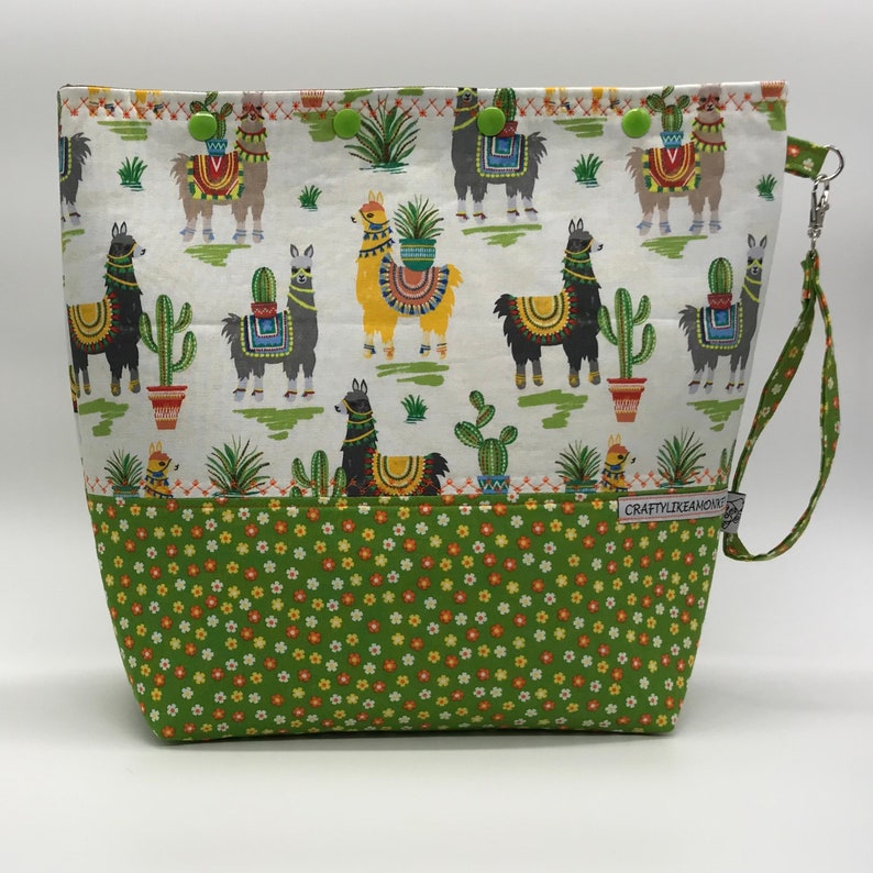 Llama Alpaca print large knitting project snap top pouch with flat bottom ready to ship