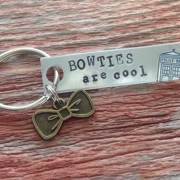 Dr Who inspired "Bowties are cool" 11th Doctor hand stamped keychain with bowtie charm