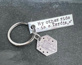 Dr Who inspired "My other ride..." hand stamped keychain