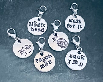 Hand stamped psych inspired stitch marker set