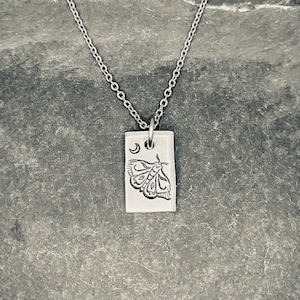 Micro Lunar moth hand stamped necklace