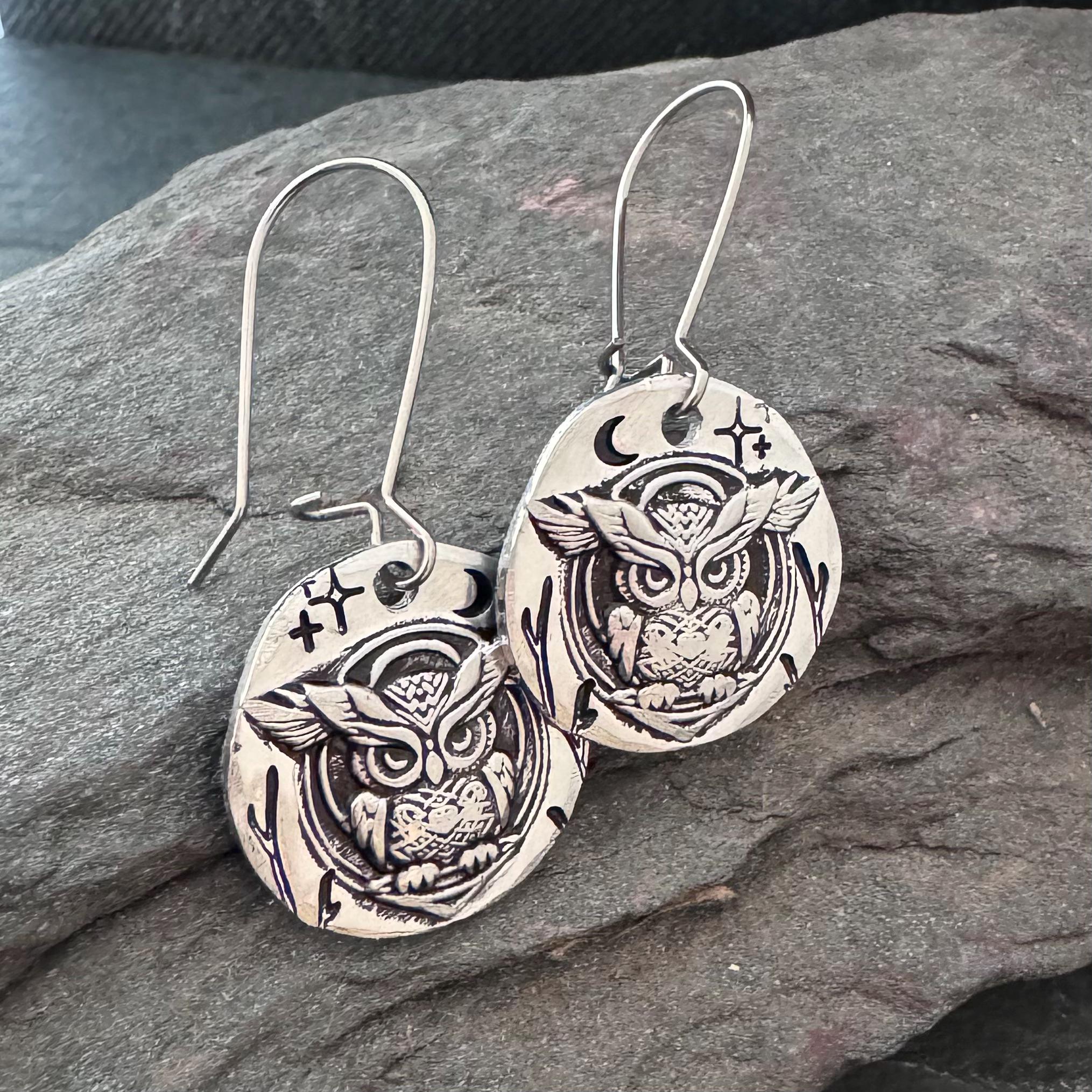 Owl hand stamped earrings