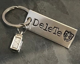 Dr Who inspired Cyberman "Delete" hand stamped keychain with a small tardis charm