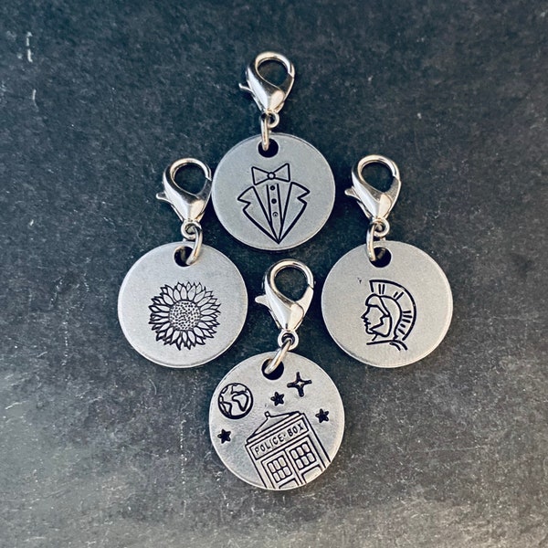 Hand stamped Doc Who inspired stitch marker set