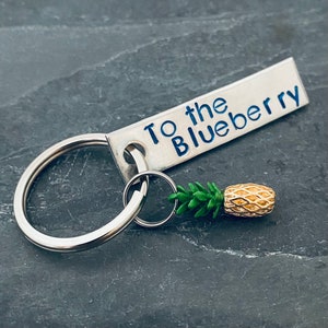 Hand stamped "To the Blueberry" Psych inspired keychain with pineapple charm