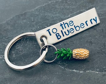 Hand stamped "To the Blueberry" Psych inspired keychain with pineapple charm