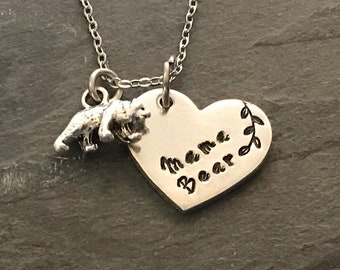 Hand stamped "Mama Bear" necklace with little bear charm.