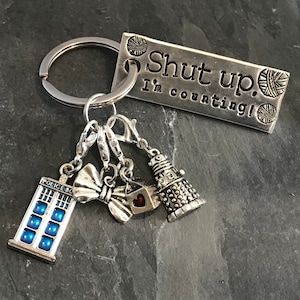 Hand stamped keychain, "Shut up! I’m counting!" with set of 4 Doctor Who inspired stitch markers