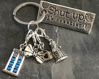 Hand stamped keychain, "Shut up! I’m counting!" with set of 4 Doctor Who inspired stitch markers