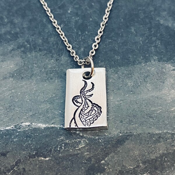 Micro tentacle kraken  hand stamped necklace