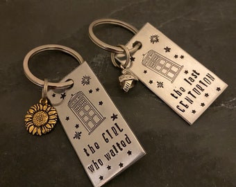 Dr Who inspired Amy Pond and rory williams hand stamped keychain set