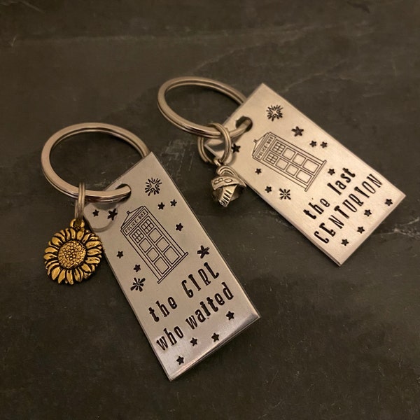 Dr Who inspired Amy Pond and rory williams hand stamped keychain set