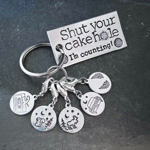 Hand stamped keychain, &quot;Shut your cakehole, I’m counting!&quot; with set of 5 supernatural inspired stitch markers