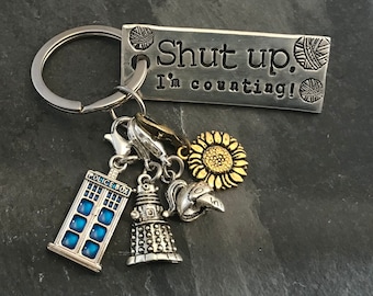 Hand stamped keychain, "Shut up! I’m counting!" with set of 4 Doctor Who inspired stitch markers