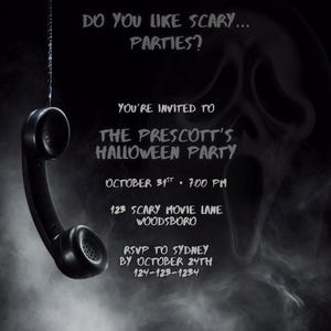 May include: A black and white Halloween party invitation with a hanging telephone receiver and a ghost face silhouette. The text reads "Do you like scary parties?" and invites guests to The Prescott's Halloween Party on October 31st.