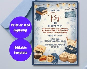 Customizable New England Town Winter Birthday Invitation | Digital Download | Cozy Movie Night Party Invite (5x7”)