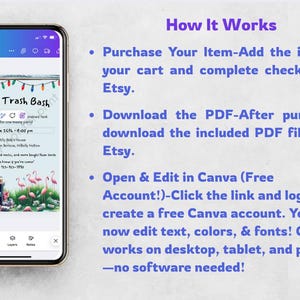 May include: A smartphone displays a "White Trash Bash" invitation with a beach chair, flamingos, and text. The screen shows event details and instructions for editing the template in Canva.