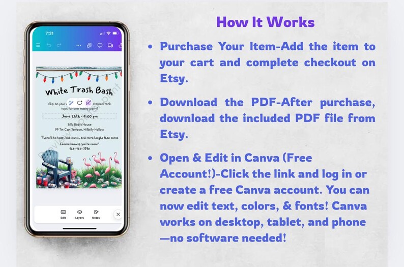 May include: A smartphone displays a "White Trash Bash" invitation with a beach chair, flamingos, and text. The screen shows event details and instructions for editing the template in Canva.