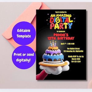Puede incluir: Una invitación a una fiesta digital con fondo negro, con una tarta colorida y el texto "AN AMAZING DIGITAL PARTY" y "POMNI'S 12TH BIRTHDAY". Incluye el texto "Editable Template" y "Print or send digitally!"