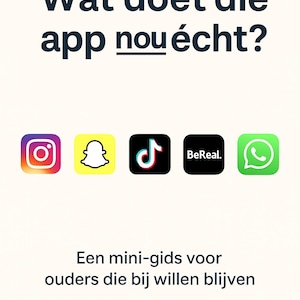 Op de afbeelding: Een afbeelding met de tekst "Wat doet die app nou écht?" en de logo's van Instagram, Snapchat, TikTok, BeReal en WhatsApp. Daaronder staat de tekst "Een mini-gids voor ouders die bij willen blijven".