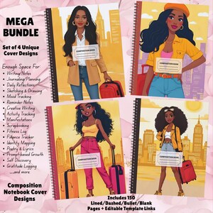 Könnte beinhalten: Ein Mega-Bundle von vier Notizbüchern mit einzigartigen Cover-Designs. Jedes Notizbuch zeigt eine andere Illustration einer Frau mit einem Koffer vor einer Skyline. Die Notizbücher enthalten 150 linierte, gepunktete und leere Seiten.