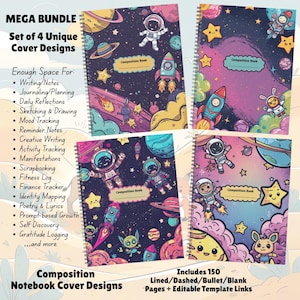Outer Space Adventure Kinder Notizbuch | 4 lustige Cover | 6x9 Komposition Bücher + Bearbeitbare Vorlagen